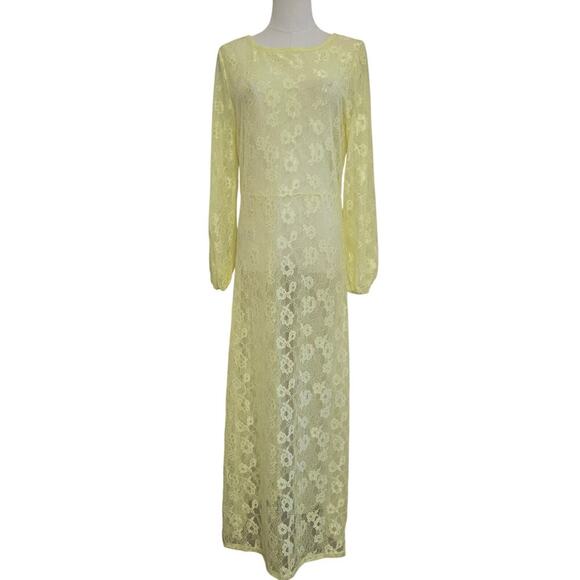 Open Edit Yellow Floral Sheer Lace Maxi Dress M Deep V Back Cottage Boho Y2K - Picture 1 of 11